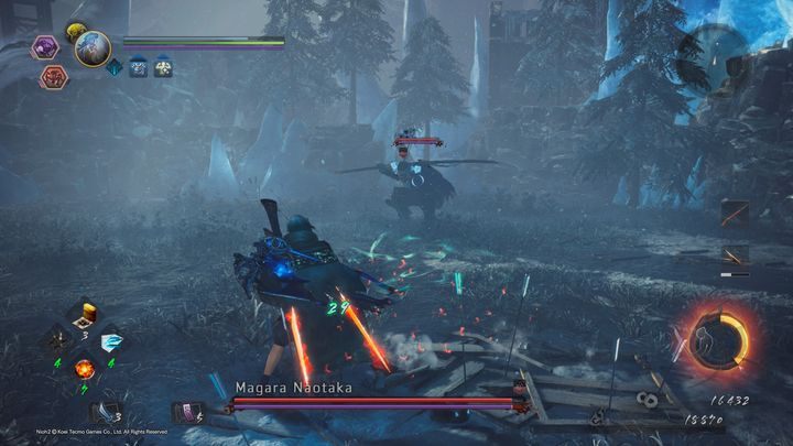When his stamina drops to zero, he activates the Yokai Realm, where he gets a few new moves and his old ones are improved - NiOh 2: Magara Naotaka | Boss fight - Bosses - NiOh 2 Guide