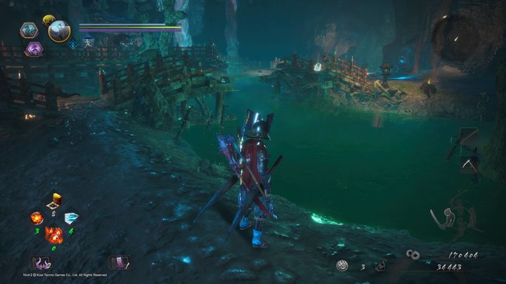 Try to cross the toxic water by dodging - to get rid of it, you need to destroy two snake statues - The Vipers Sanctum | NiOh 2 Walkthrough - Main missions - NiOh 2 Guide