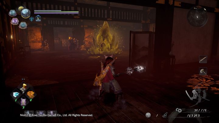 After defeating Yoki, turn right, there is a room with another Amrita crystal and some enemies - Yoki with Kusarigama and a Yokai soldier - NiOh 2: The Golden Castle walkthrough - Main missions - NiOh 2 Guide