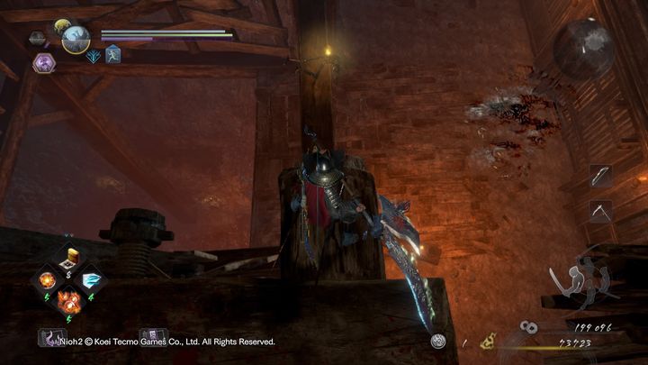 Enki, hidden in the Yokai Realm, is next to the elevator mechanism - The Hollow Fortress | NiOh 2 Walkthrough - Main missions - NiOh 2 Guide