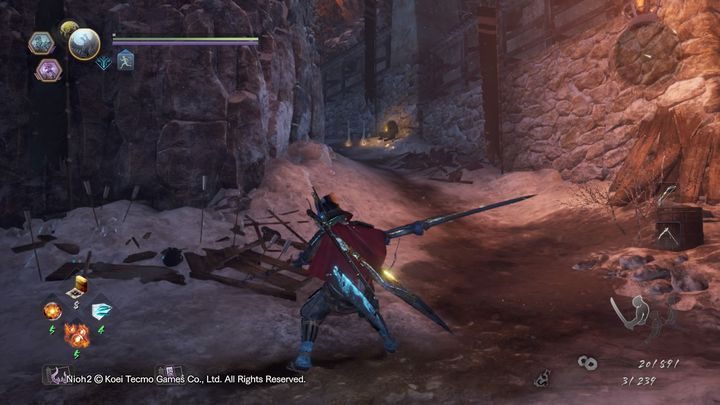 Moving on, you will encounter two soldiers standing in place, the patrolling one is actually a Rokurokubi, so it is better to shoot the kneeling Dweller and fight the Yokai one on one - The Hollow Fortress | NiOh 2 Walkthrough - Main missions - NiOh 2 Guide