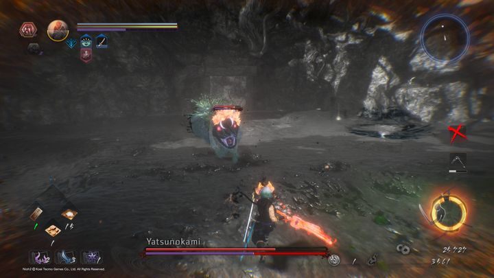 At the very beginning of the battle, Yatsunokami will crawl at high speed in your direction, this is a very linear movement, it is also enough to move a little to the side, so as not to get hit by its horn - NiOh 2: Yatsonukami | Boss fight - Bosses - NiOh 2 Guide