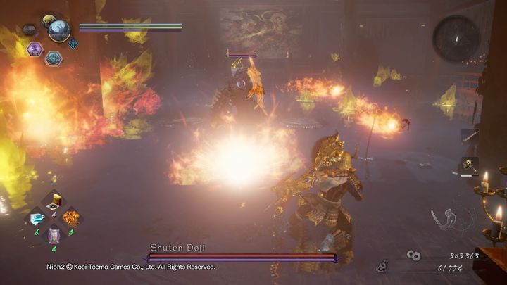 His next fire attack is about drinking from the gourd and spitting fireballs around him - NiOh 2: Shuten Doji boss fight walkthrough - Bosses - NiOh 2 Guide