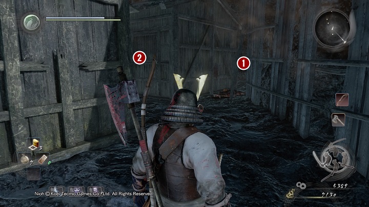 When you are at the bottom, first, get on the rear of the house in front of you [1] - Isle of Demons part 2 | Main missions | NiOh - Main missions - NiOh Game Guide