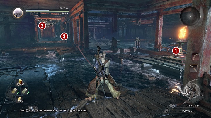 On the right from the end of the pier you can find a lantern [1] which is presented in the picture - The Ocean Roars Again | Main missions | NiOh - Main missions - NiOh Game Guide
