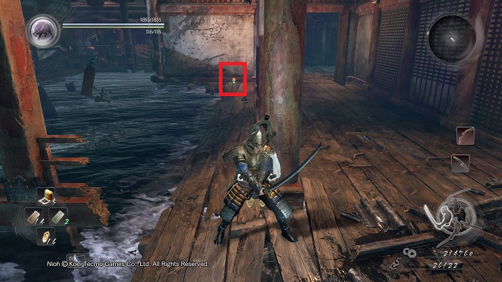 The path ahead of you leads left but if you reach the edge of the wall on the right and go behind it, you will be able to find a Kodama hiding on a pier - The Ocean Roars Again | Main missions | NiOh - Main missions - NiOh Game Guide