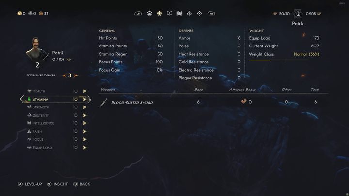 After leveling up in No Rest for the Wicked, the game will ask you to spend 3 attribute points among the character's statistics - No Rest for the Wicked: Tips and tricks - Basics - No Rest for the Wicked Guide