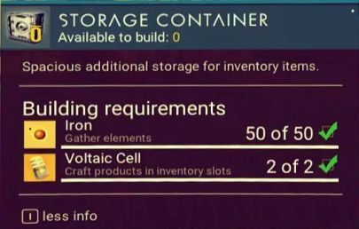 A Storage Container be crafted with blueprints and the following resources: Magnetised Ferrite (50) and Sodium (20) - No Mans Sky NEXT: Storage Container - No Mans Sky NEXT: Basic information - No Mans Sky Game Guide