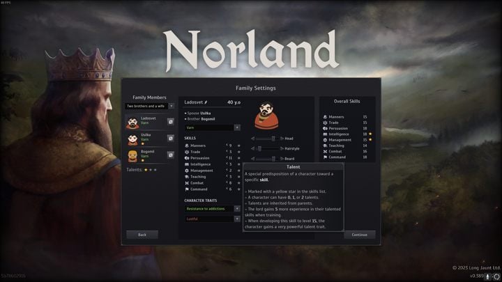The game in the default "Two brothers and a wife" scenario will offer some balanced statistics, but nothing is stopping you from changing them using the arrows visible next to the value of a given skill - Norland: All skills - Basics - Norland Guide