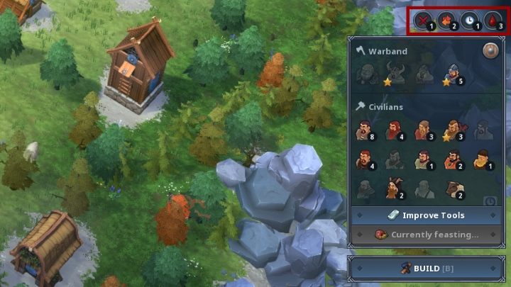 You can look above the citizen panel to receive information about trade routes, as well as the amount of wounded or sick civilians. - Happiness in Northgard - Game Mechanics - Northgard Game Game Guide