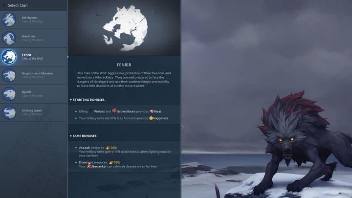 The Select Clan menu contains all the important data regarding each clan. - Which Clan is the best in Northgard? - FAQ - Northgard Game Game Guide