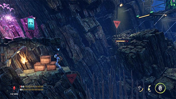 After reaching the checkpoint, slide down – in addition to the destructible boxes, you will find a Royal Jelly shown in the picture - Oddworld Soulstorm: Bypassing security, Necrum - walkthrough - 10: Necrum - Oddworld Soulstorm Guide