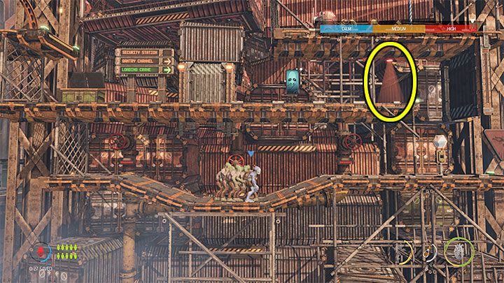 After the lift ride ends, go right - Oddworld Soulstorm: Reaching the Security Station by crane - walkthrough - 15: The Yards - Oddworld Soulstorm Guide