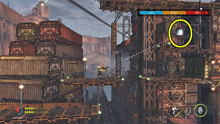 To solve the puzzle, you will need to use possession multiple times - Oddworld Soulstorm: Reaching the Security Station by crane - walkthrough - 15: The Yards - Oddworld Soulstorm Guide