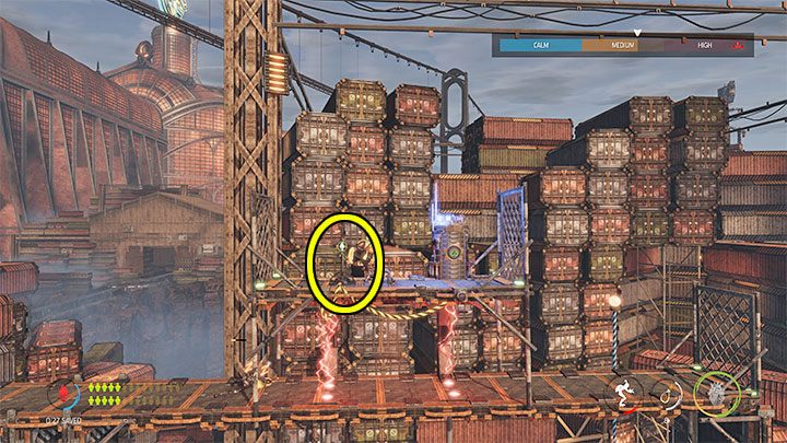 Once you reach the upper level, you need to change the possession target again - Oddworld Soulstorm: Reaching the Security Station by crane - walkthrough - 15: The Yards - Oddworld Soulstorm Guide