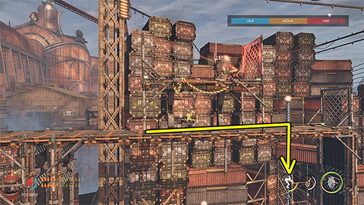 Reactivate the possession and resume control of the Slig from the shelf with the destroyed tank - Oddworld Soulstorm: Reaching the Security Station by crane - walkthrough - 15: The Yards - Oddworld Soulstorm Guide