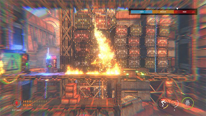 Go down the pole and approach the burning shelf - Oddworld Soulstorm: Reaching the Security Station by crane - walkthrough - 15: The Yards - Oddworld Soulstorm Guide