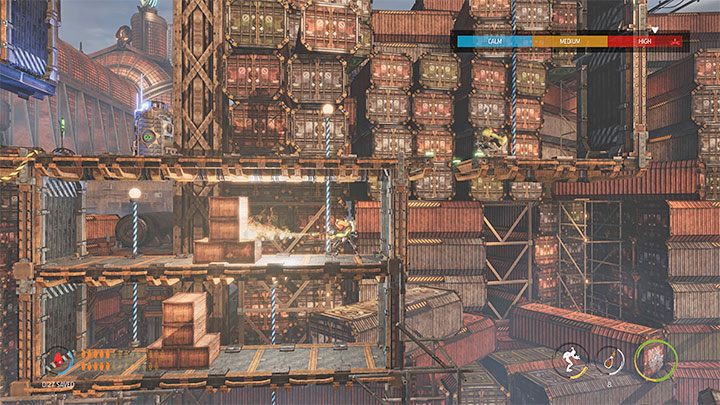 Pull the lever to put out the fire - Oddworld Soulstorm: Reaching the Security Station by crane - walkthrough - 15: The Yards - Oddworld Soulstorm Guide