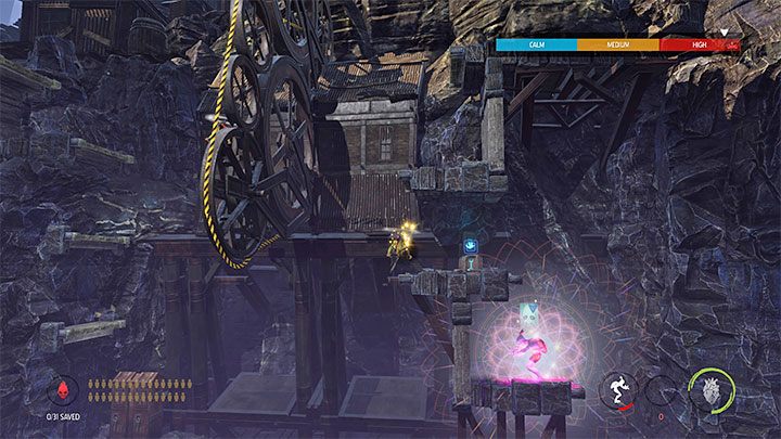 In the upper left area, we will meet a flying Slig for the first time - Oddworld Soulstorm: Crossing the valley on the lift, Sorrow Valley - walkthrough - 5: Sorrow Valley - Oddworld Soulstorm Guide