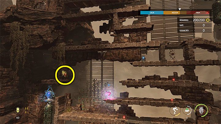After the clash starts, let's focus on posessing the Slig from the upper left shelf marked in the picture - Oddworld Soulstorm: Protecting other Mudokons, the Ruins - walkthrough - 2: The Ruins - Oddworld Soulstorm Guide