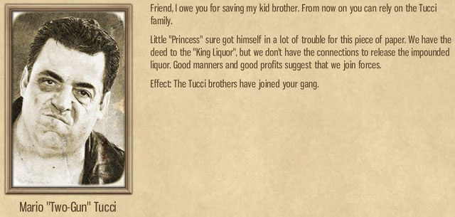The Tucci brothers will join you and you will get the deed to the warehouse. - Gardner's Aquarium - Act I - Omerta: City of Gangsters - Game Guide and Walkthrough