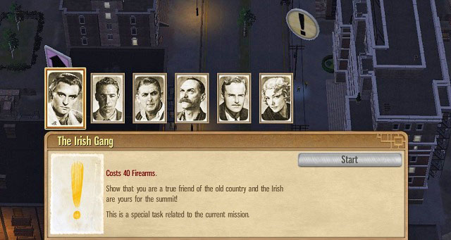 The Irish will be happy to come to the summit as soon as you give them firearms. - North Carolina Ave - Act II - Omerta: City of Gangsters - Game Guide and Walkthrough