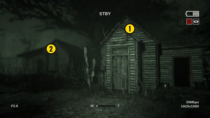 In the first house [1] on the right you can find a battery but in order to get inside that building you must first enter the building next to it [2] and go through the window - The Lake | Lamentations | Walkthrough - Lamentations - Outlast 2 Game Guide