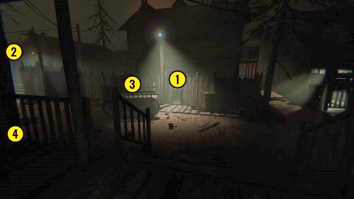 There is a hole in the fence [1] ahead of you and a gate to your left [2] - The Chapel | Genesis | Walkthrough - Genesis - Outlast 2 Game Guide