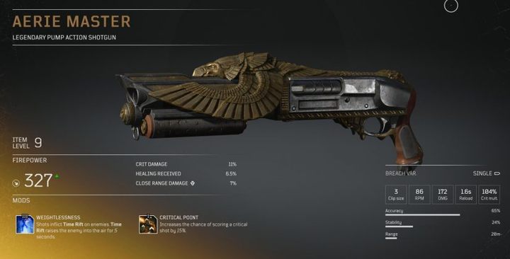 This shotgun inflicts your enemies with Time Rift, raising them into the air - Outriders: Legendary Items - Basics - Outriders Guide