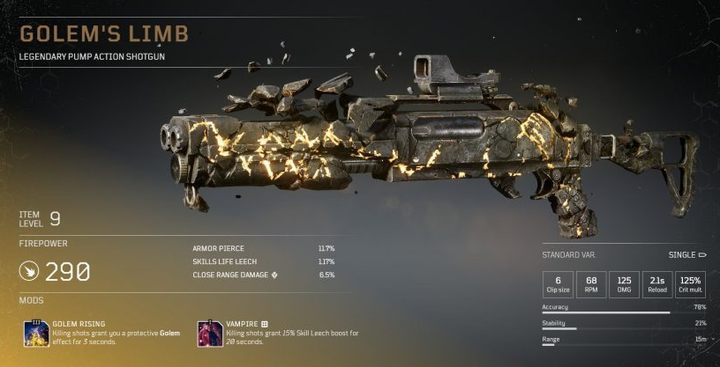 This legendary shotgun gives you a skill leech boost and a protective golem effect whenever you land a killing shot - Outriders: Legendary Items - Basics - Outriders Guide
