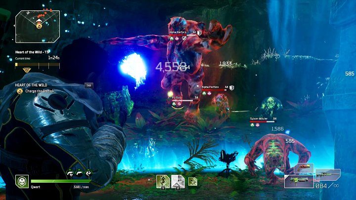 During the second stage of the Heart of the Wild Expedition, stand in the area marked in blue to charge the obelisk, which will open the passage and allow you to continue the mission - Outriders: Heart of the Wild - Expedition, walkthrough - Expeditions - Outriders Guide