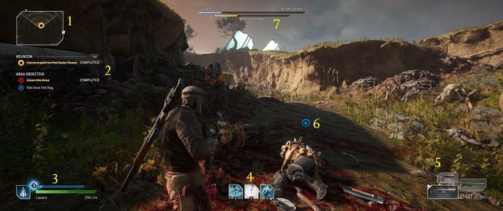 The radar displays enemy positions as red dots - Outriders: User interface - Appendix - Outriders Guide