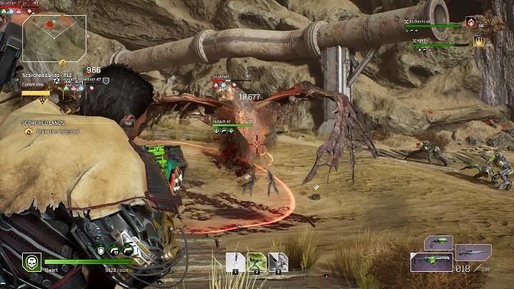 When Sciathans start flying over the location, focus your fire on them, bring them down to the ground and eliminate them as quickly as possible so that they don't disrupt the fight any more - Outriders: Scorched Lands - walkthrough - Expeditions - Outriders Guide