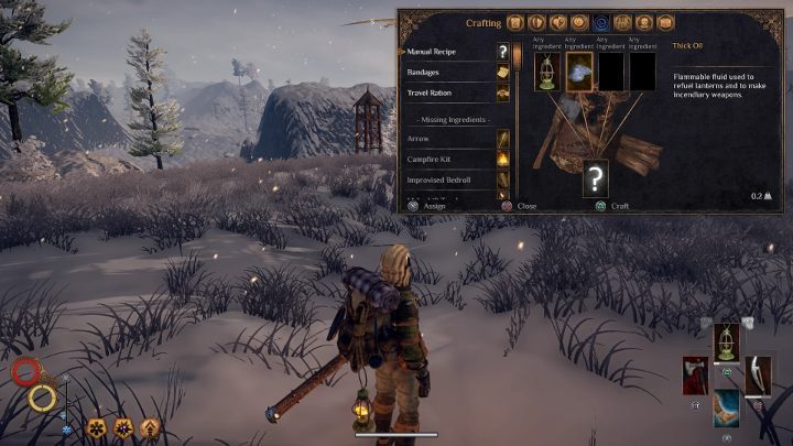 In the crafting menu, put the lamp and the Thick Oil, as in the image above - thus refilling the oil level in the lamp. - How to Refill Oil in the Lamp in Outward? - FAQ - Outward Guide