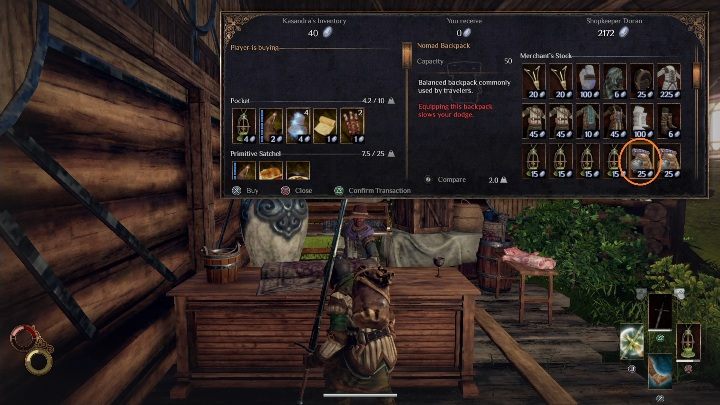 You can buy a new backpack for 25 silver at Shopkeeper Doran - My inventory is empty, what now? - FAQ - Outward Guide