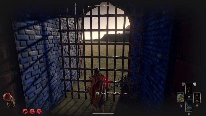 To enter another land, simply approach the gate and accept this interaction - How to travel between lands in Outward? - World Atlas - Outward Guide