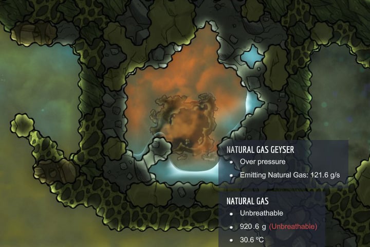 Natural gas - a flammable, unbreathable gas - Gases in Oxygen Not Included | Resources - Resources - Oxygen Not Included Game Guide