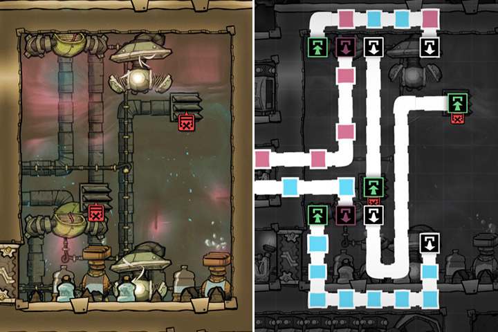 An example of the production of oxygen and hydrogen and the dispersion of the gas using a ventilation system. - Special Rooms in Oxygen Not Included - Base Layout - Oxygen Not Included Game Guide