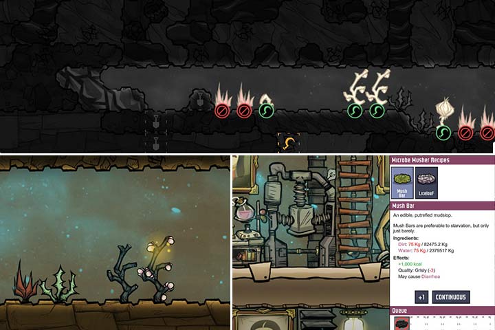 The encountered plants you can either mark for harvesting or dig out to get the seeds (the upper picture). During the initial stages, its a better idea to dig them out. Sometimes you can encounter plants that live in perfect conditions (theyll radiate a faint glow). If youre extremely short on food, start making Mush Bar from Dirt and Water. - Agriculture and food in Oxygen Not Included - The Beginning - Oxygen Not Included Game Guide