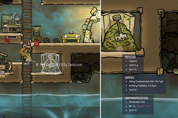 In this base, the water is very close to the starting location, which will make life easier for the duplicants. Building the compost will allow you to start producing fertilizer. - How to start? | Oxygen Not Included - The Beginning - Oxygen Not Included Game Guide