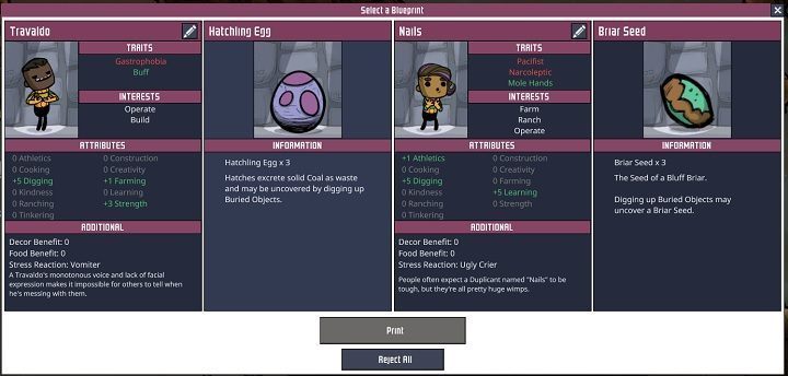 Usually, you can choose from three duplicants and one set of resources, but sometimes you can only select between duplicants or resources - How to start? | Oxygen Not Included - The Beginning - Oxygen Not Included Game Guide