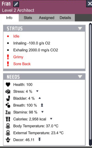 After clicking on a duplicate, a window will appear containing detailed information regarding him - Duplicants Profile in Oxygen Not Included - Duplicants - Oxygen Not Included Game Guide