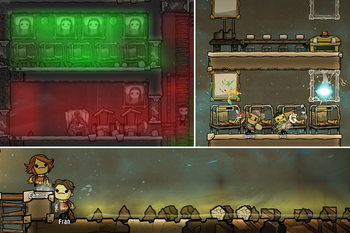 At the top of the picture you can see the effect of the paintings and the closed environment on the decor. It is important that the bedroom has a high indicator. At the bottom, you can see a situation which you want to avoid inside the base: an area without ??base tiles, a mess of resources lying around everywhere and spilled contaminated water. - Duplicants Profile in Oxygen Not Included - Duplicants - Oxygen Not Included Game Guide