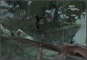 If you're fast and run after Carl (to the spot, where during the fight you ran under the arch), You'll see the tyrannosaur leaving through the trees - V-Rex - Walkthrough - Peter Jacksons King Kong - Game Guide and Walkthrough