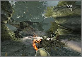 Swim under the stone construction to block the reptile - Rapids - Walkthrough - Peter Jacksons King Kong - Game Guide and Walkthrough