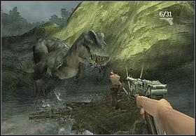 When grass will be set on fire, the right opponent will attack farther, near water, taking the grey passage between rocks - Rapids - Walkthrough - Peter Jacksons King Kong - Game Guide and Walkthrough