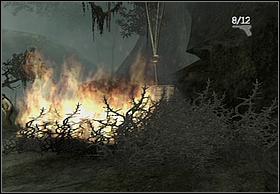 To get to the crate, pick up the bone lying nearby and fire it up at the fire in the building - Swamps - Walkthrough - Peter Jacksons King Kong - Game Guide and Walkthrough