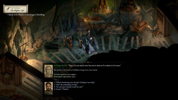 After getting rid of the pilgrims, you should go back to Harbinger Brythe - she will give you 3500 gold pieces - Pillars of Eternity 2 Beast of Winter: The Higher-Ups - Walkthrough - Beast of Winter: Side Quests - Pillars Of Eternity 2 Deadfire Game Guide