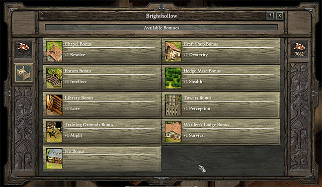 When sleeping in the bed in Brighthollow, you can decide what bonus you want to receive - Upgrades | Stronghold | Pillars of Eternity - Stronghold - Pillars of Eternity Game Guide & Walkthrough