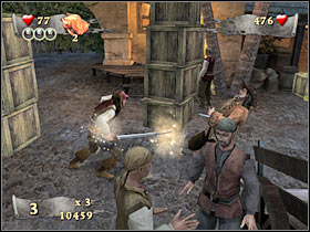 You will probably encounter several action sequences during this battle (#1) - Mission 5 - part 3 - Mission 5 - Tortuga - Pirates of the Caribbean: At Worlds End - Game Guide and Walkthrough